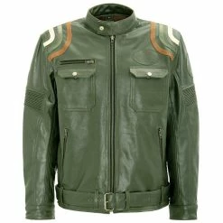 King Kerosin Biker Leather Jacket - Racer Stripes Olive